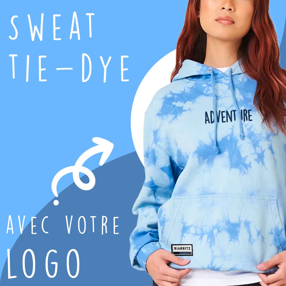 Sweat tie-dye personnalisable avec logo, idéal pour un look tendance et unique.