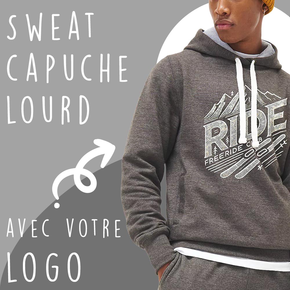 Sweat à capuche lourd personnalisable avec logo, idéal pour un style robuste et confortable.