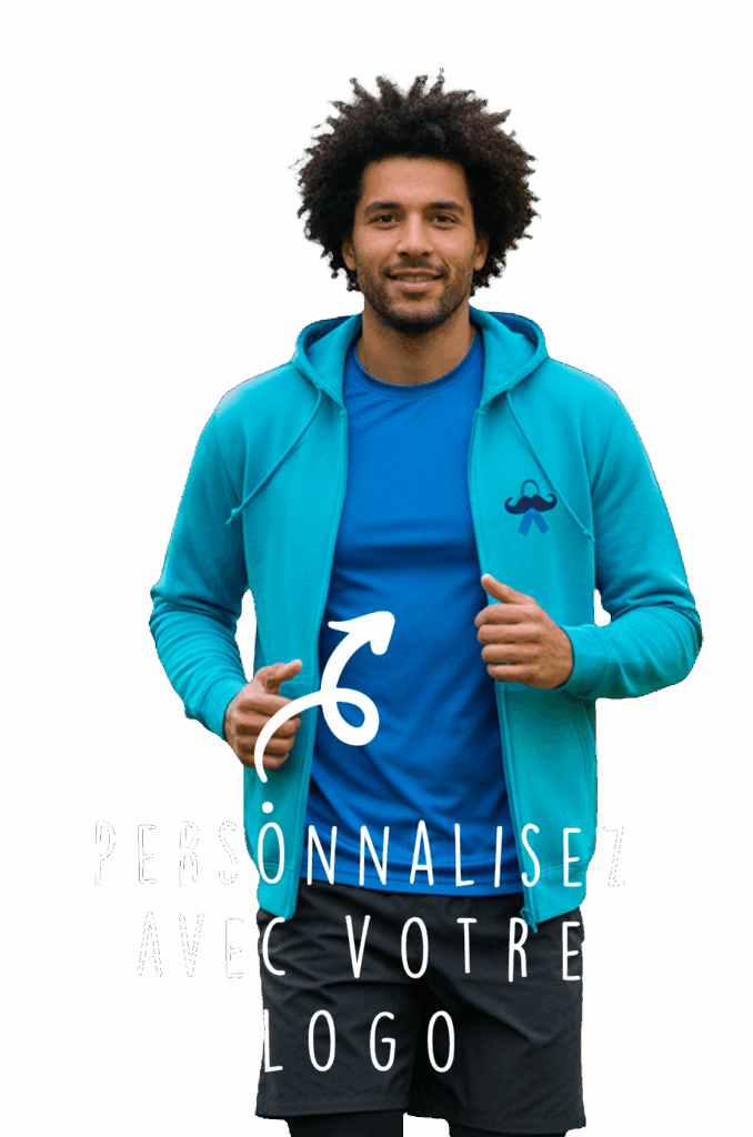 Veste à capuche bleue personnalisée avec le ruban et la moustache de Novembre Bleu, symbole de la sensibilisation à la santé masculine. Le visuel met en avant la possibilité d’ajouter un logo personnalisé par impression pour les équipes et événements solidaires.
