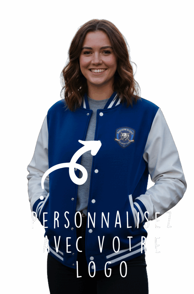 Veste varsity personnalisable avec écusson hockey portée par une femme