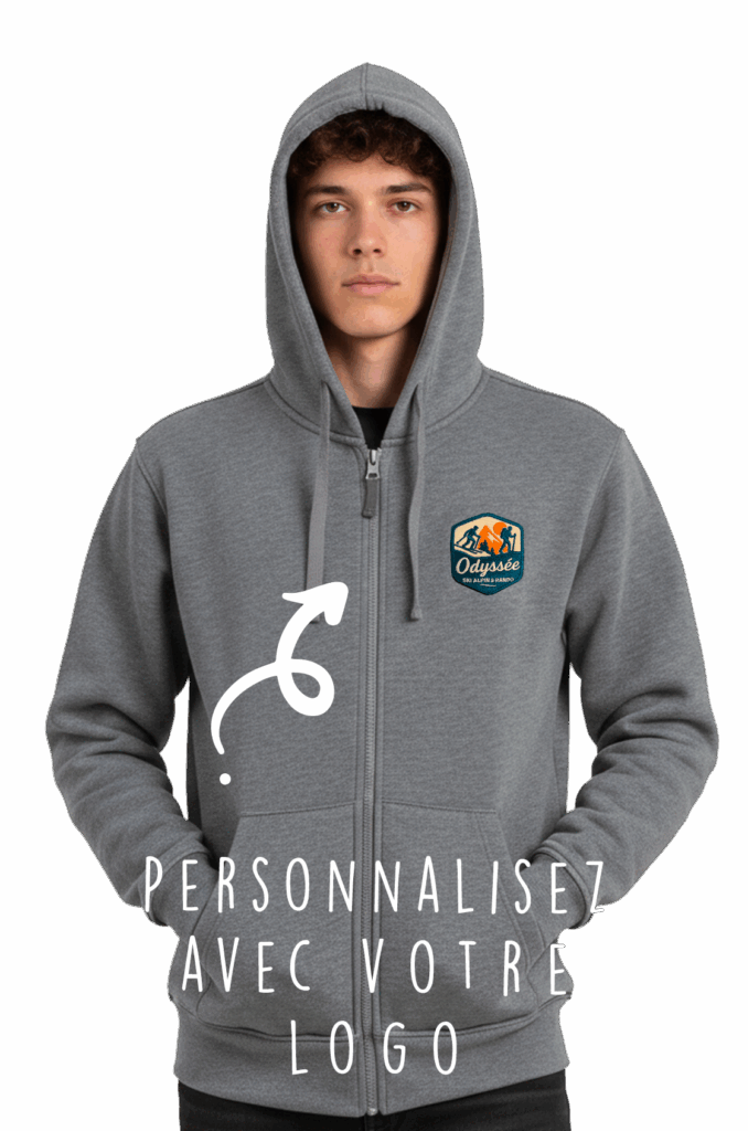 Veste à capuche grise personnalisable avec logo, modèle Odyssee, portée de face