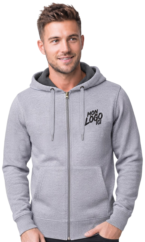 Homme portant la veste à capuche épaisse personnalisable K444 gris chiné avec logo côté cœur