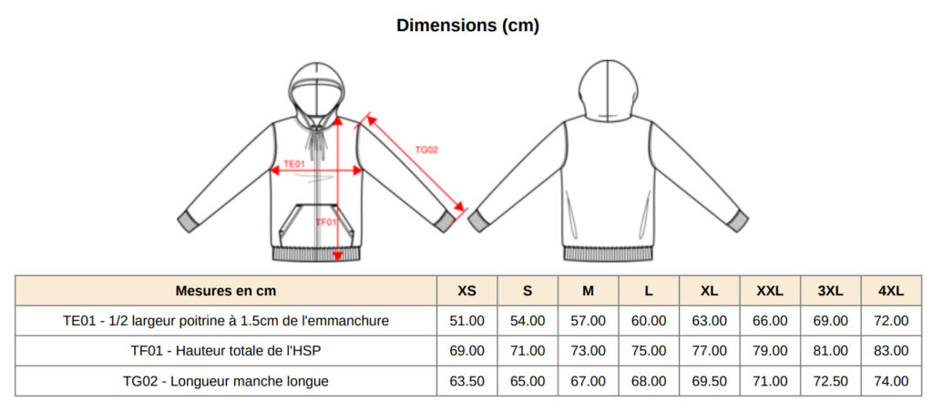 Guide des tailles de la veste à capuche épaisse personnalisable K444, du XS au 4XL
