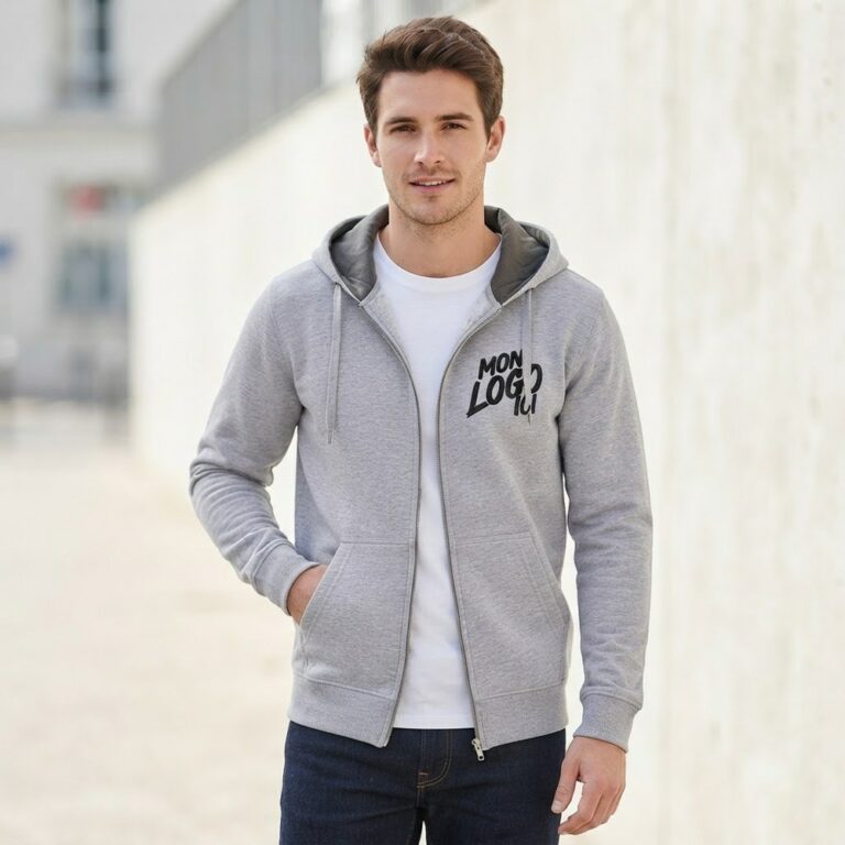 Veste à capuche épaisse personnalisable portée, coloris Oxford Grey, avec logo brodé côté cœur